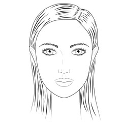 Face of a girl close-up. Vector black and white portrait of a girl. Beautiful face of a woman. Template for coloring. Contour of a portrait of a woman. Vector EPS 10