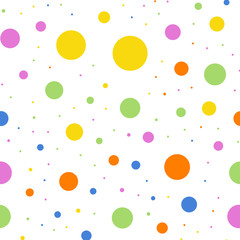 Colorful polka dots seamless pattern on white 2 background. Superb classic colorful polka dots textile pattern. Seamless scattered confetti fall chaotic decor. Abstract vector illustration.