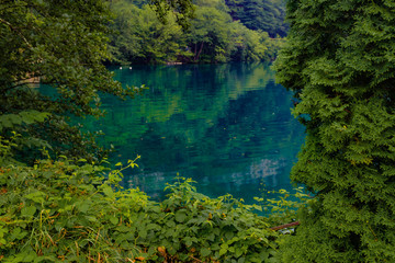 Blue karst lake, reflection of green foliage on the water