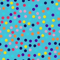 Fototapeta na wymiar Memphis style polka dots seamless pattern on blue background. Pretty modern memphis polka dots creative pattern. Bright scattered confetti fall chaotic decor. Vector illustration.