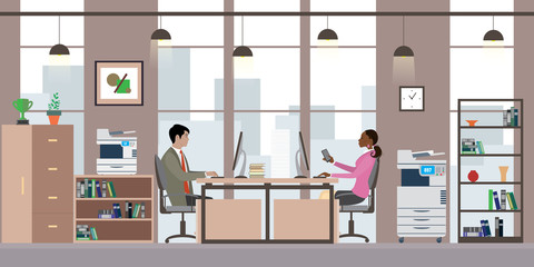 Asian businssman and african american business woman in modern office - obrazy, fototapety, plakaty