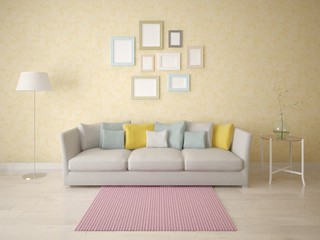 Mock up a stylish living room with an exclusive sofa on the background of decorative plaster.