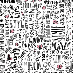 Pattern of words and letters, and women s accessories. Fashionable seamless.