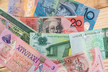 various money in Australian and Oceania countries.