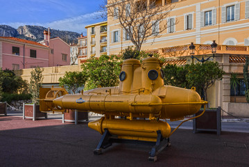 Model of yellow submarine near Monaco Oceanographic museum.