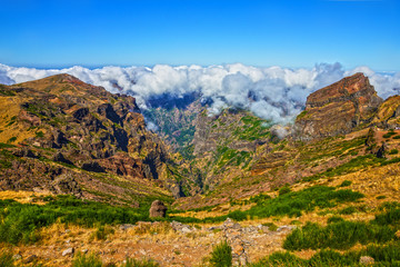 Fototapeta na wymiar Madeira island mountain rock landscape view, Portugal. Peak Ariero, Pico Arierio