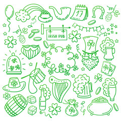 St. Patrick s Day icons set isolated on white background. Hand drawn doodle style vector illustration.