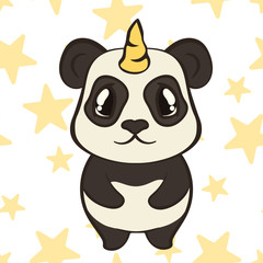 Cute panda bear character with unicorn horn isolated. Panda-unicorn in cartoon style, flat design vector illustrator. Bearcat stand front view. Funny magic fantasy animal for children. Pandacorn.