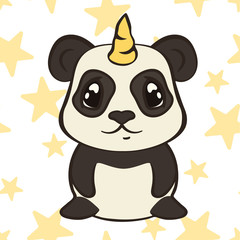 Cute panda bear character with unicorn horn isolated. Panda-unicorn in cartoon style, flat design vector illustrator. Bearcat sit front view. Funny magic fantasy animal for children. Pandacorn.