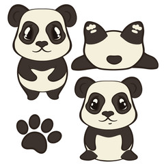 Cute panda bear character isolated on white background vector set. Panda with big expressive eyes. Bearcat stand, sits and lies, animal in different poses. Front and rear view Pandas in cartoon style.