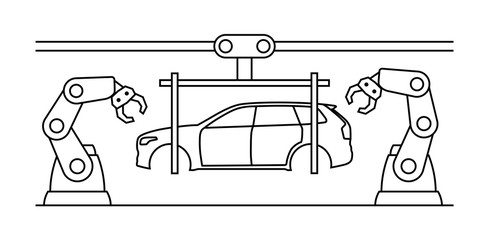 Thin line style car assembly line. Automatic auto production conveyor. Robotic car machinery industry concept. Vector illustration.