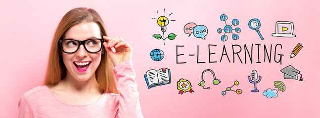 E-Learning with happy young woman holding her glasses