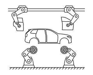 Thin line style car assembly line. Automatic auto production conveyor. Robotic car machinery industry concept. Vector illustration.