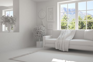 Idea of grey room with sofa and summer landscape in window. Scandinavian interior design. 3D illustration