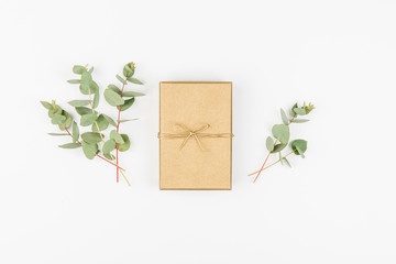 Eucalyptus branches and present box on white background. Top view and flat lay with copy space.
