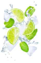 Flying Limes with ices and mint leaves isolated