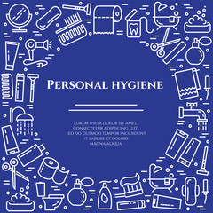 Personal hygiene blue line banner. Set of elements of shower, soap, bathroom, toilet, toothbrush and other cleaning pictograms. Line out. Simple silhouette. Editable stroke. Vector illustration