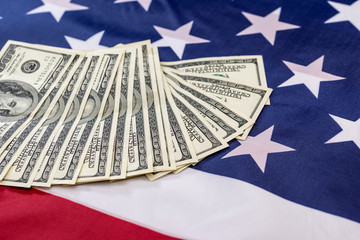 dollar on american flag close up