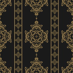 Vintage seamless pattern. Floral ornate wallpaper. Dark vector damask background with decorative ornaments and flowers in Baroque style. Luxury endless texture.