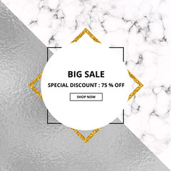 Cover placard sale white marble or stone texture and silver foil texture. Trendy geometric poster. Templates for your designs, banner, card, flyer, invitation, party, birthday, wedding, baby shower, o