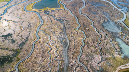 Drone view of a spectacular delta where a river flows into the sea