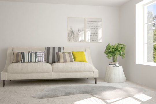 Idea of white minimalist room with sofa and modern table. Scandinavian interior design. 3D illustration