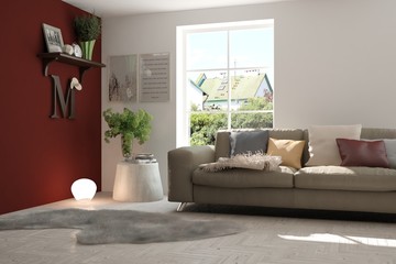 Idea of white room with sofa and summer landscape in window. Scandinavian interior design. 3D illustration
