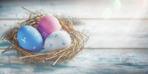 Rustic Blue, Red and White Egg in the Hay Nest