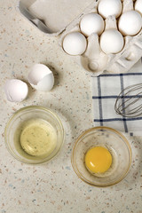 Separated eggs white and yolks and egg shells - 192879451