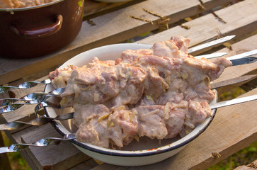 Row bbq kebabs in skewers befor grilling