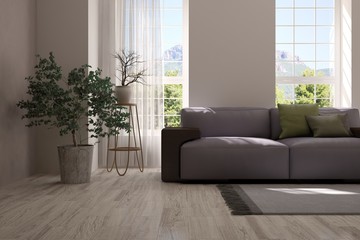 Idea of white room with sofa and summer landscape in window. Scandinavian interior design. 3D illustration