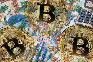 Double exposure of Golden bitcoin on dollar and euro bills graph