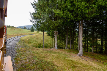railroad tracks in wet summer day in forest with vintage train cabin