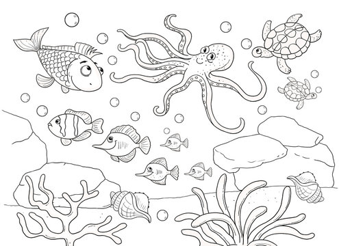 Cute sea animals. Ocean. Different fish. Coloring page. Illustration for children