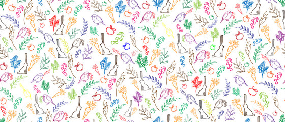 Seamless pattern with cartoon characters. Seamless pattern children's hand drawing Cute bunny rabbit and bird, floral elements on white background for kids fabric, textile, wrapping paper. Vector AI10