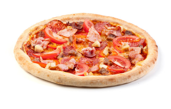 Meat pizza: chorizo, ham, bacon and gray tomatoes on a clean white background. Side view. Isolated.