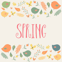 Vector illustration of spring word with colorful birds and branches pattern. 