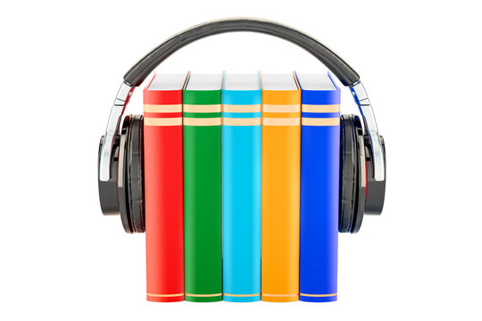 Books with headphones, audiobook concept. 3D rendering