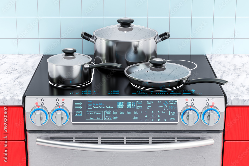 Poster electric slide-in convection range with pot, pan and frypan. 3d rendering