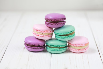 Fototapeta na wymiar Macaron or macaroon on white background, colorful almond cookies