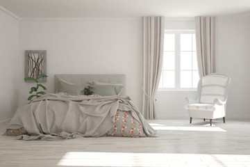 Idea of white minimalist bedroom. Scandinavian interior design. 3D illustration