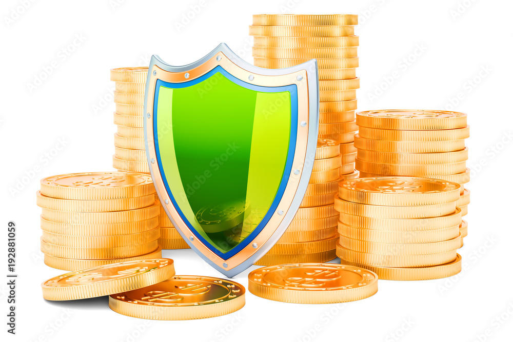 Poster stack of golden coins with shield, 3d rendering