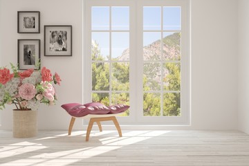 Idea of white room with armchair and summer landscape in window. Scandinavian interior design. 3D illustration