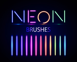 Neon brushes set. Set of colorful light objects on dark backgroun