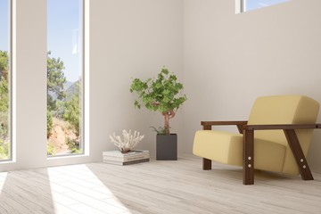 Idea of white room with armchair and summer landscape in window. Scandinavian interior design. 3D illustration