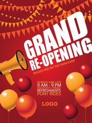 Grand Re-Opening background with bunting and megaphone. EPS 10 vector illustration.