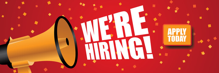 We're Hiring banner background with confetti and megaphone. EPS 10 vector illustration.