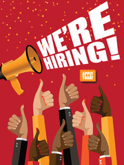 We're Hiring banner background with confetti and megaphone. EPS 10 vector illustration.