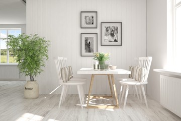 White modern dinner room. Scandinavian interior design. 3D illustration