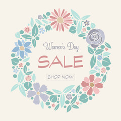 Women's Day Sale - vintage poster with cute flowers. Vector.